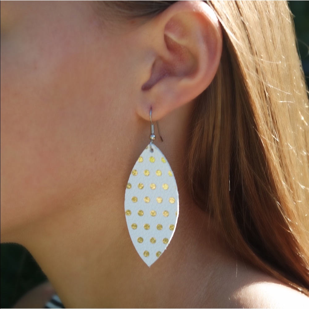 Gold Polka Dot Leather Teardrop Earrings